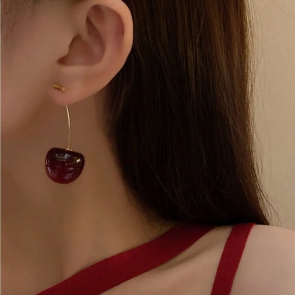 Cherry Red Drop Earrings Gold Women’s Jewelry - Picture 2 of 4